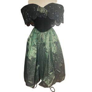 Vintage 80s Jessica McClintock Prom Dress 4 Black Velvet Green Fairy Goth